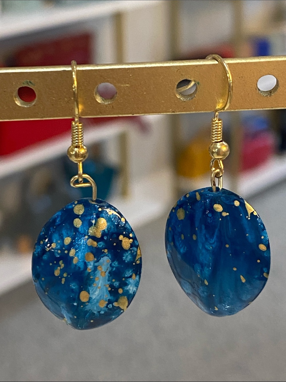Blue Oval Drop Earrings with Gold Speckle - Picture 4 of 5